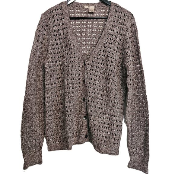 DKNY Button Front Knit Crocheted Cardigan Long Sleeve Taupe Sweater Size Large - Picture 1 of 7